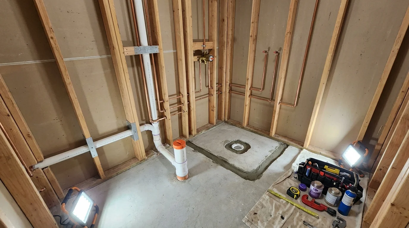 Bathroom rough-in plumbing during remodel by Johns Plumbing LLC in South Pekin