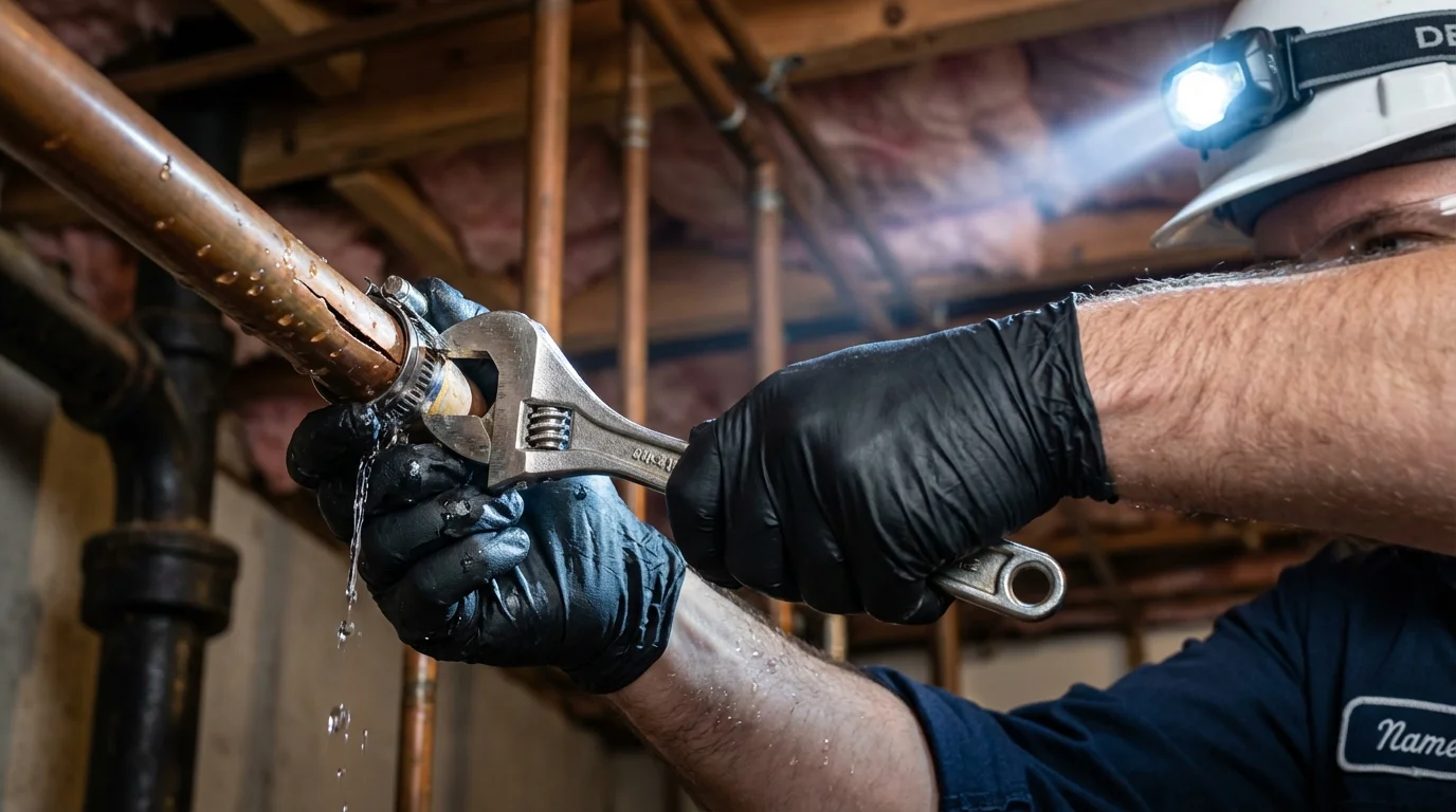 Emergency pipe clamp repair being performed by a Johns Plumbing LLC plumber in South Pekin