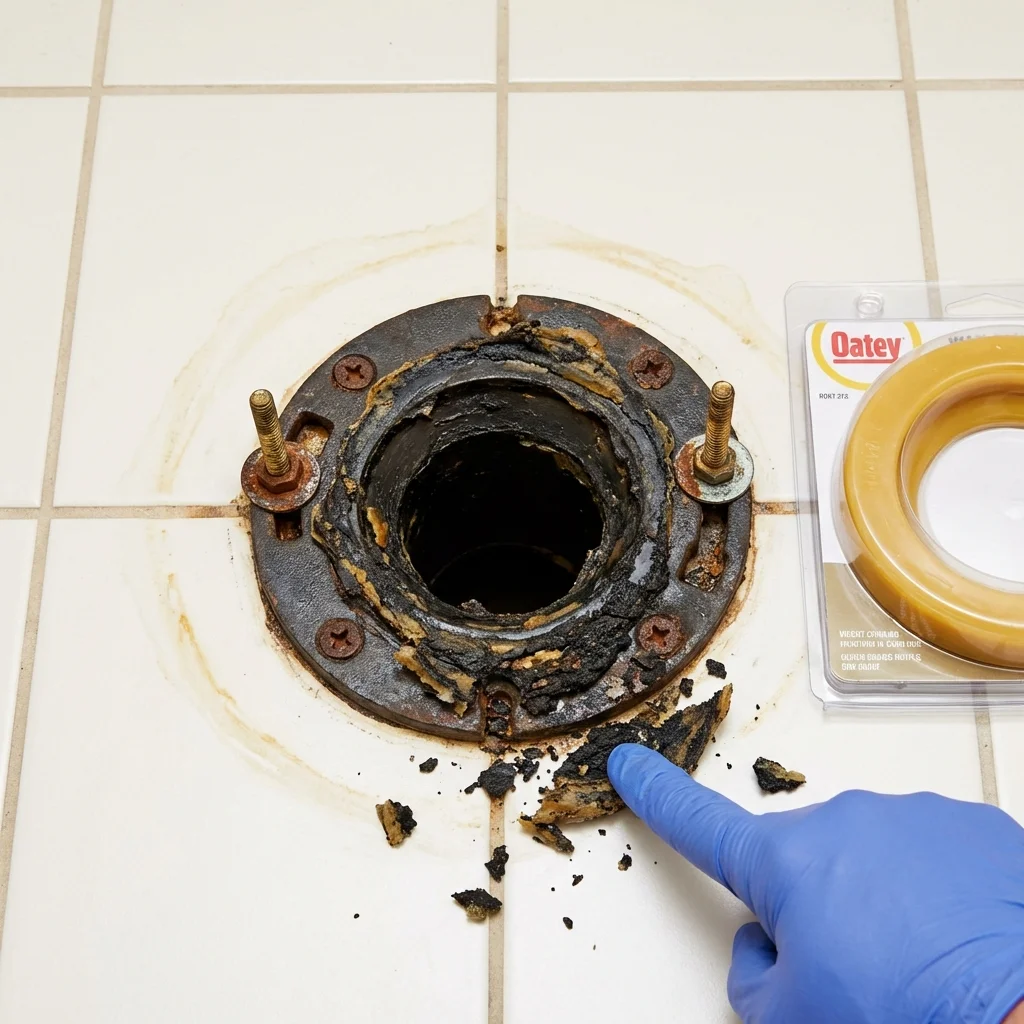 Failed wax ring showing water seepage at the base of a toilet in a South Pekin, IL home