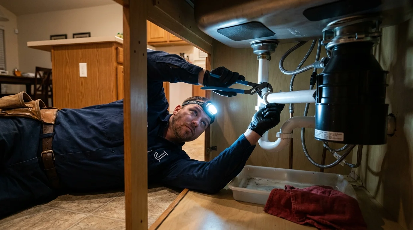 P-trap and supply line connections under a kitchen sink showing a common leak point in South Pekin, IL